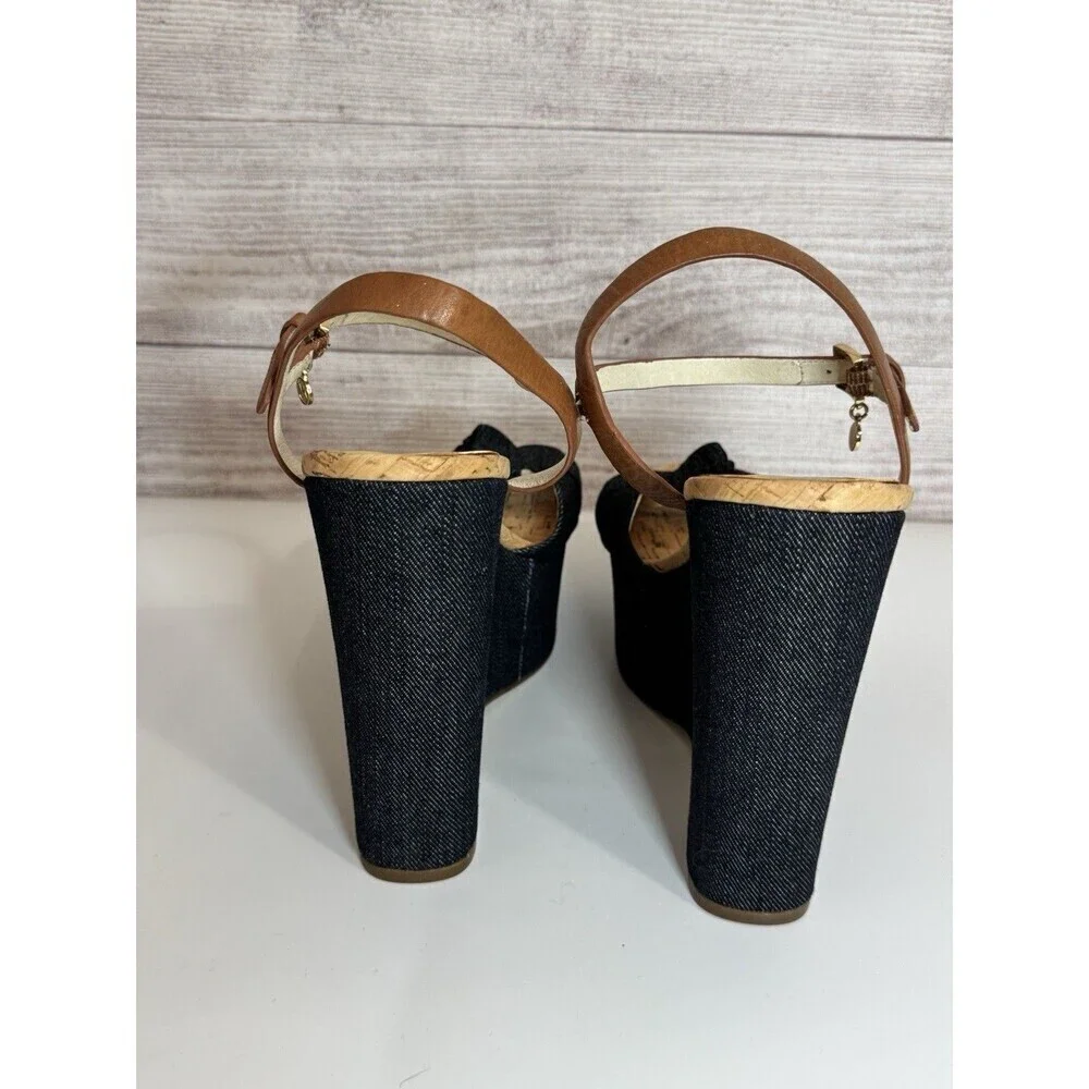 Michael Kors Denim Cork Wedge Sandals Size 9 Ankle Strap Espadrille Heels